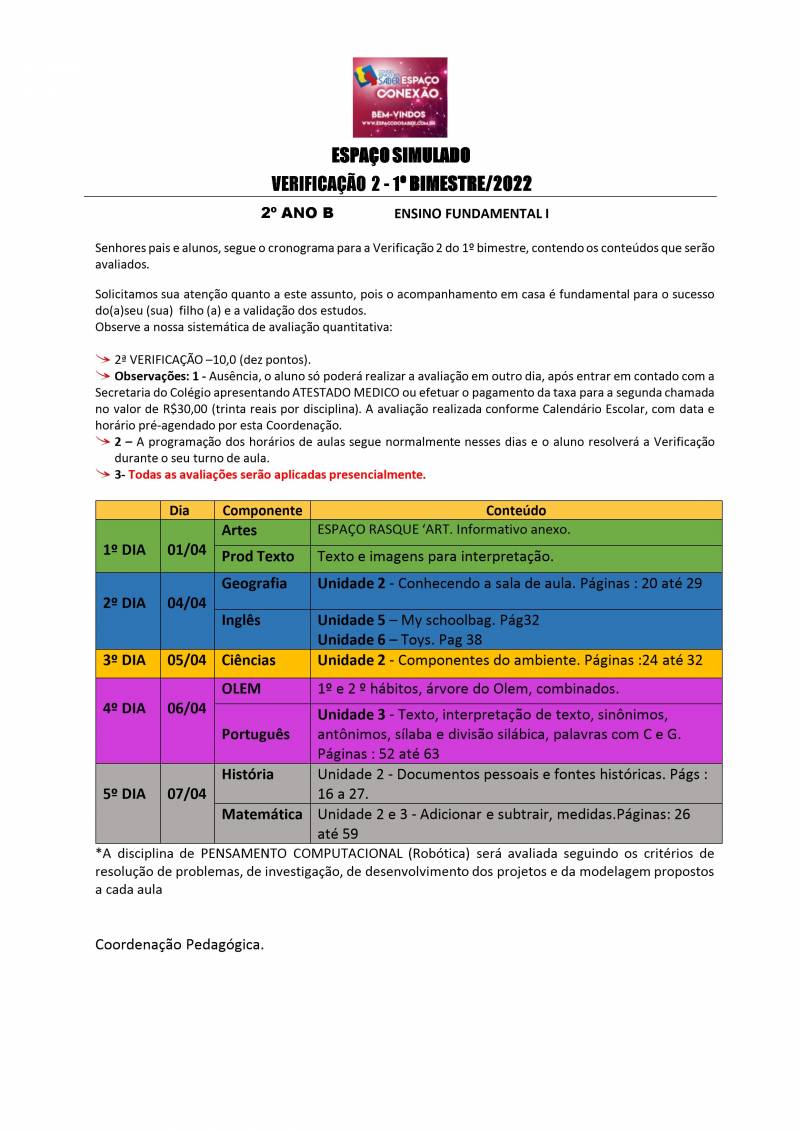 Cronograma de Verificao 2 - 2 Ano - Vespertino - 1 Bimestre 2022