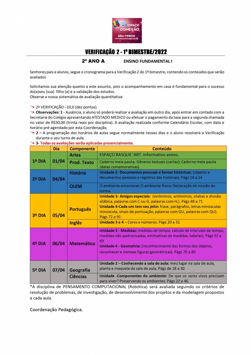 Cronograma de Verificao 2 - 2 Ano - Matutino - 1 Bimestre 2022