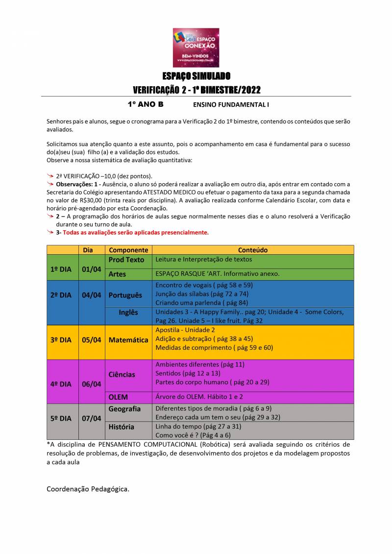 Cronograma de Verificao 2 - 1 Ano - Vespertino - 1 Bimestre 2022