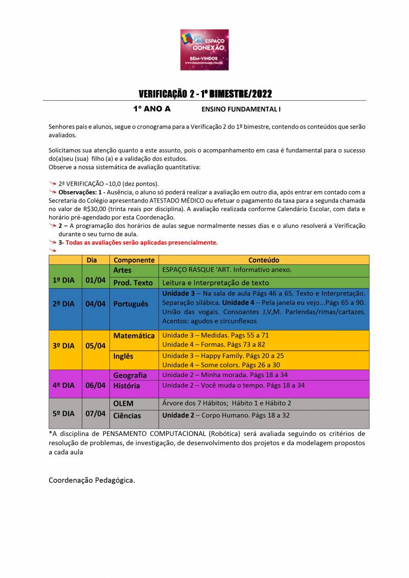 Cronograma de Verificao 2 - 1 Ano - Matutino - 1 Bimestre 2022